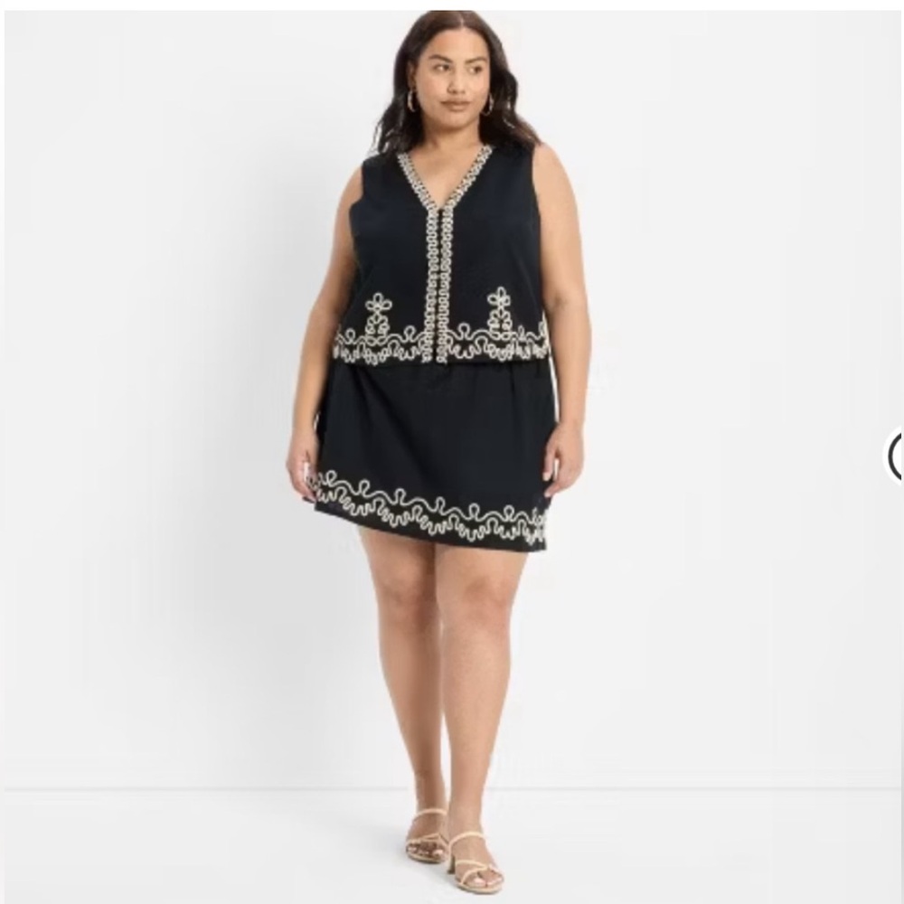 Future Collective Women’s Set Black Embroidered Linen Vest Top And Skirt Size L